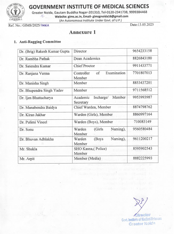 Anti Ragging Committee Structure Results | GIMS